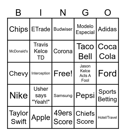 Super Bowl Bingo Card