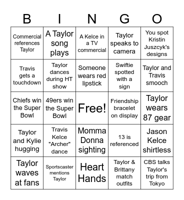 Super Bowl Swifties Bingo Card