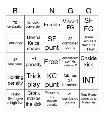 Super Bowl Bingo Card