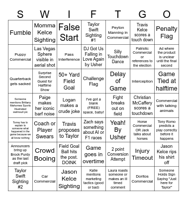 Super Bowl Bingo (Taylor's Version, mostly) Bingo Card