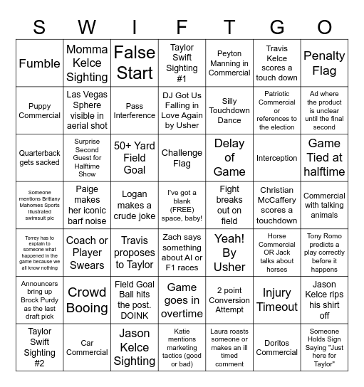 Super Bowl Bingo (Taylor's Version, mostly) Bingo Card