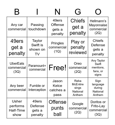Super Bowl 2024 (Taylor's Version) Bingo Card