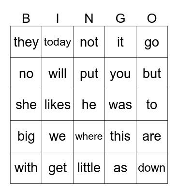 Sight words Bingo Card