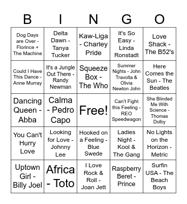 All Ages Musical Bingo Card