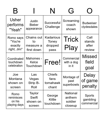 Superbowl 58 Bingo Card