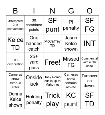 Super Bowl Bingo Card