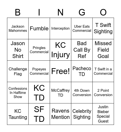 Superbowl Bingo Card