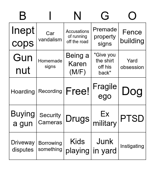 Fear Thy Neighbor Bingo Card