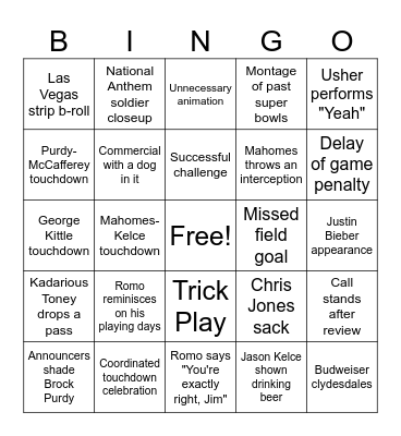 Superbowl 58 Bingo Card