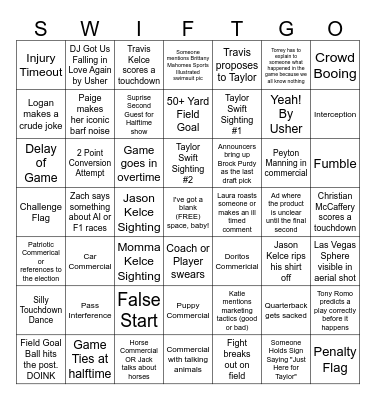 Super Bowl Bingo (Taylor's Version, mostly) Bingo Card