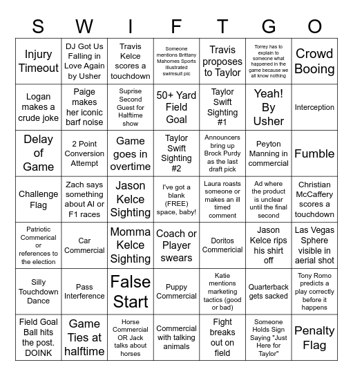 Super Bowl Bingo (Taylor's Version, mostly) Bingo Card