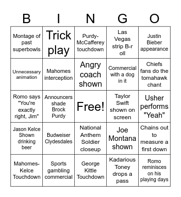 Superbowl 58 Bingo Card