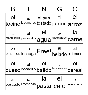 Comida Bingo Card