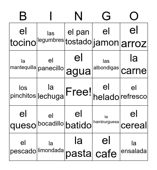 Comida Bingo Card