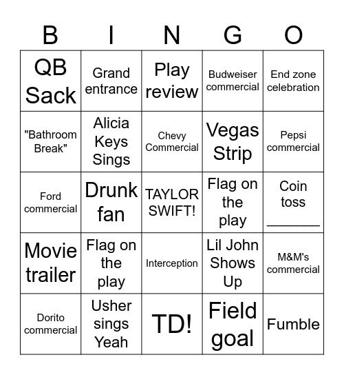 Super Bowl Bingo Card