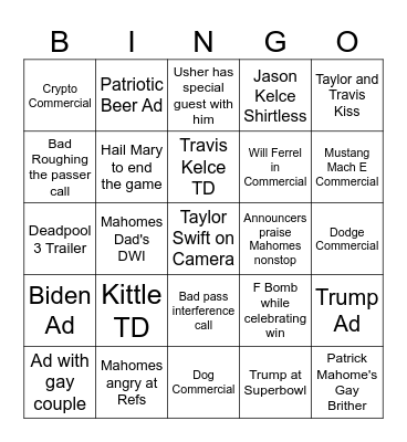 Superbowl Bingo Card