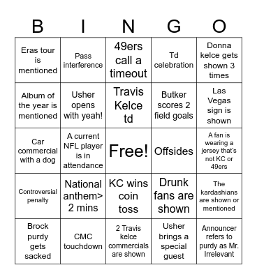 Super Bowl bingo Card