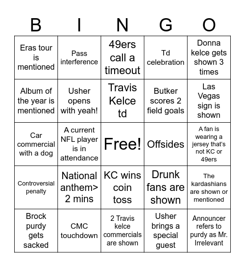 Super Bowl bingo Card