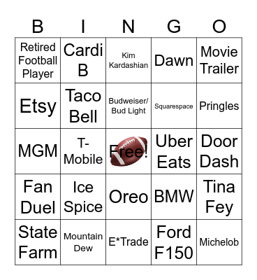 SuperBowl Commercial Bingo Card