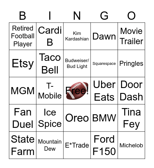 SuperBowl Commercial Bingo Card