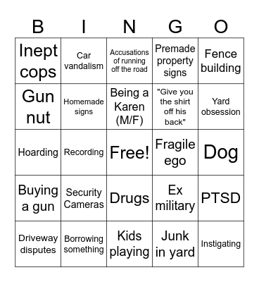 Fear Thy Neighbor Bingo Card