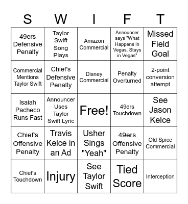 Super Bowl (Taylor's Version) Bingo Card