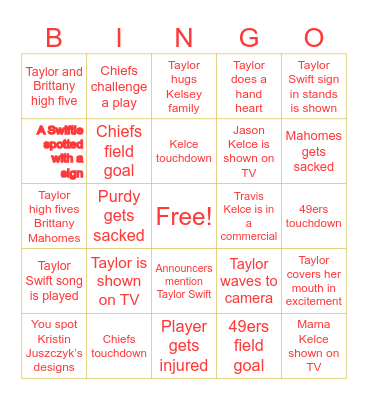 Taylor Swift Super Bowl Bingo Card