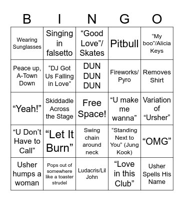 Usher Super Bowl Performance Bingo Card