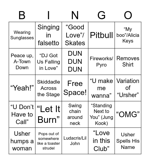 Usher Super Bowl Performance Bingo Card