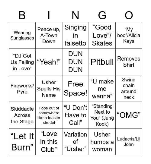 Usher Super Bowl Performance Bingo Card
