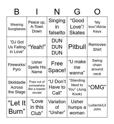 Usher Super Bowl Performance Bingo Card