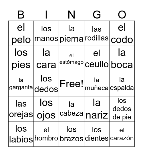 Las Partes del Cuerpo Bingo Card