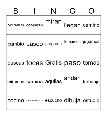 Regular -ar verbs Bingo Card