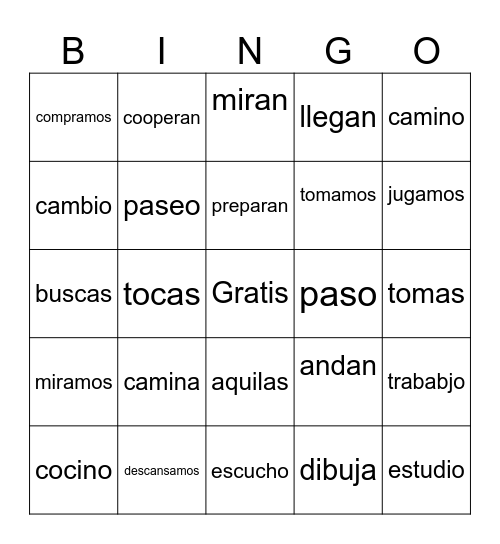 Regular -ar verbs Bingo Card