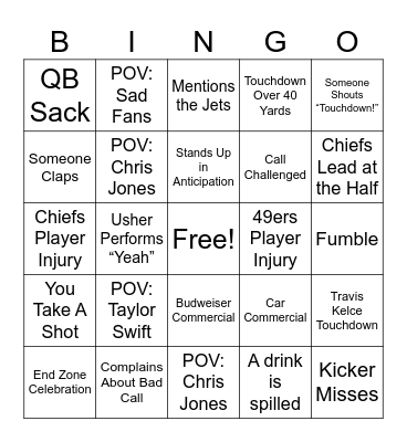 Super Bowl BINGO Card