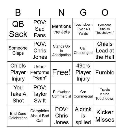 Super Bowl BINGO Card