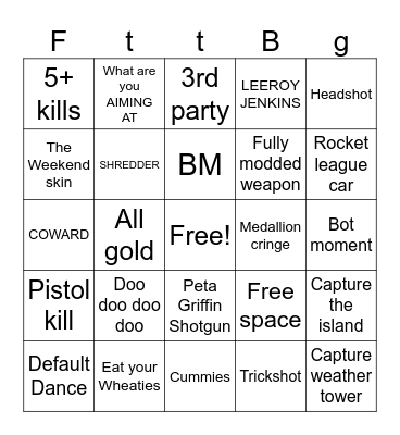 Fortnite bingo Card