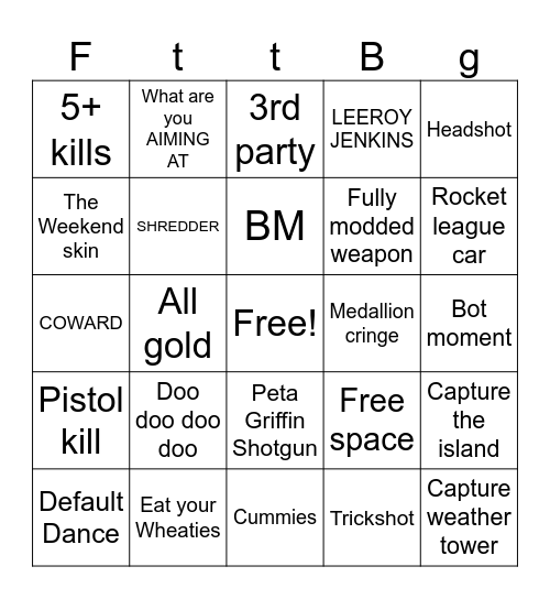 Fortnite bingo Card