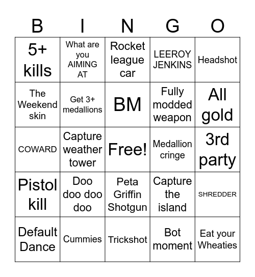 Fornite Bingo Card