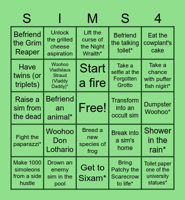 Sims 4 24 for 24 Bingo Card