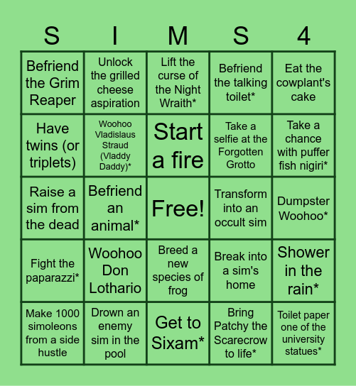 Sims 4 24 for 24 Bingo Card