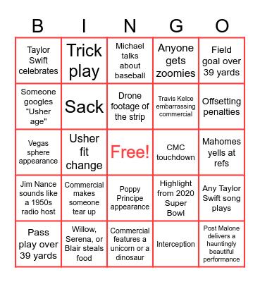 Super Bowl '24 Bingo Card