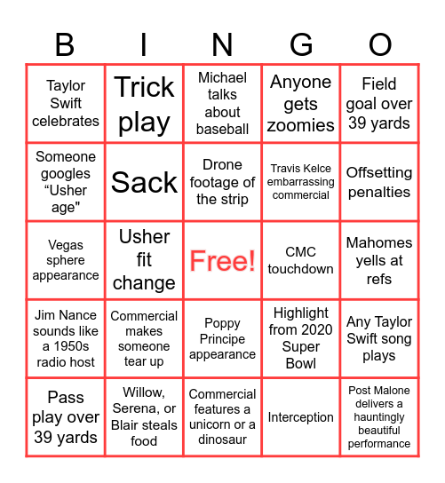 Super Bowl '24 Bingo Card