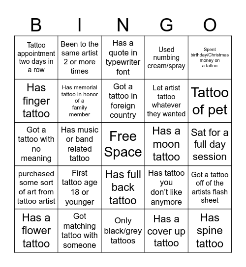 Tattoo Bingo Card