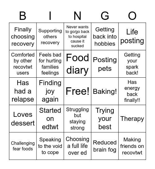 Recoverytwt Bingo Card