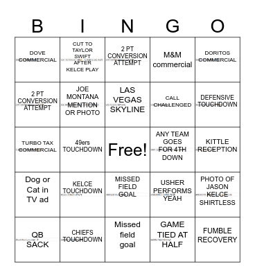 Super Bowl Bingo Card