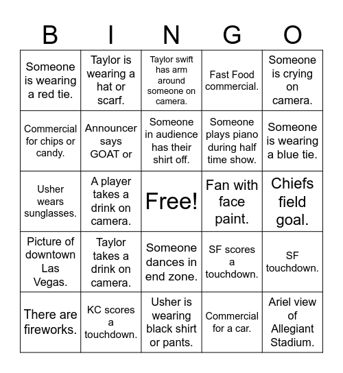 Super Bowl LVIII Bingo Card