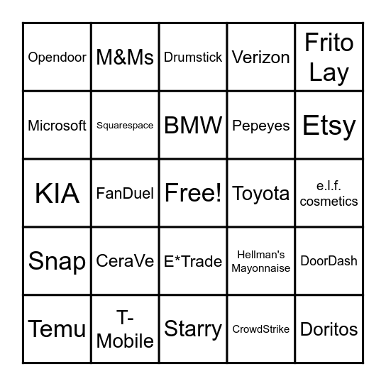 Super Bowl Commercial Bingo Card