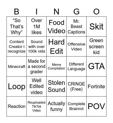 YouTube Shorts Bingo Card