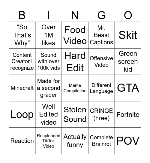 YouTube Shorts Bingo Card